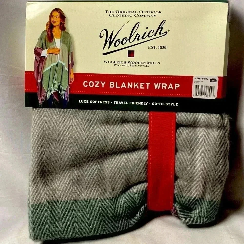NWT WOOLRICH COZY BLANKET SHAWL ONE SIZE FITS‎ ALL GRAY AND PURPLE PLAID